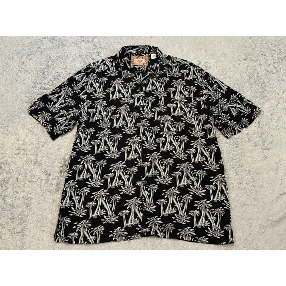 Bruno New York Mens Large Black White Palm Tree Tropical Rayon Button Up Shirt